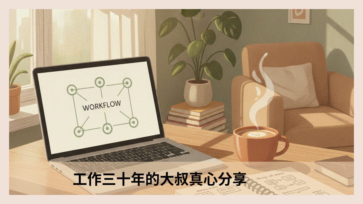 一個溫暖舒適的辦公桌角落，擺放著筆記型電腦、手寫筆記本與一杯咖啡。電腦螢幕上顯示著簡潔的自動化流程圖，象徵結合實用工具與個人知識庫的務實工作態度。