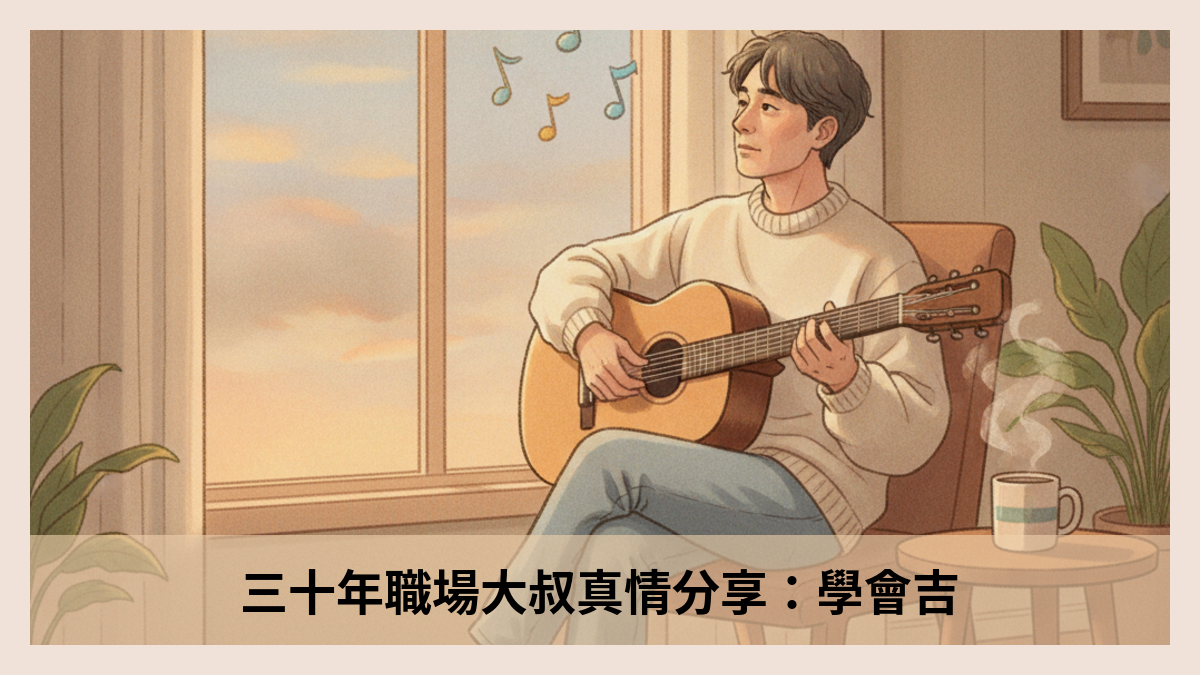 一位中年男子在溫馨的窗邊抱著吉他彈奏，眼神望向窗外黃昏的天空，身旁有一杯熱飲，畫面散發溫暖、懷舊與釋懷的氛圍。